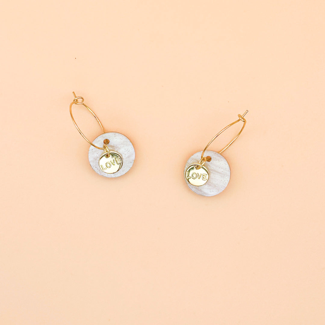 Love Charm Hoop Earrings - Marble Disk & Gold Pendants