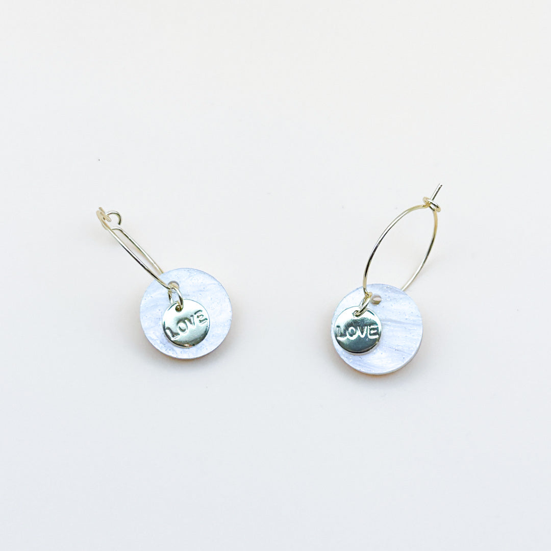 Love Charm Hoop Earrings - Marble Disk & Gold Pendants