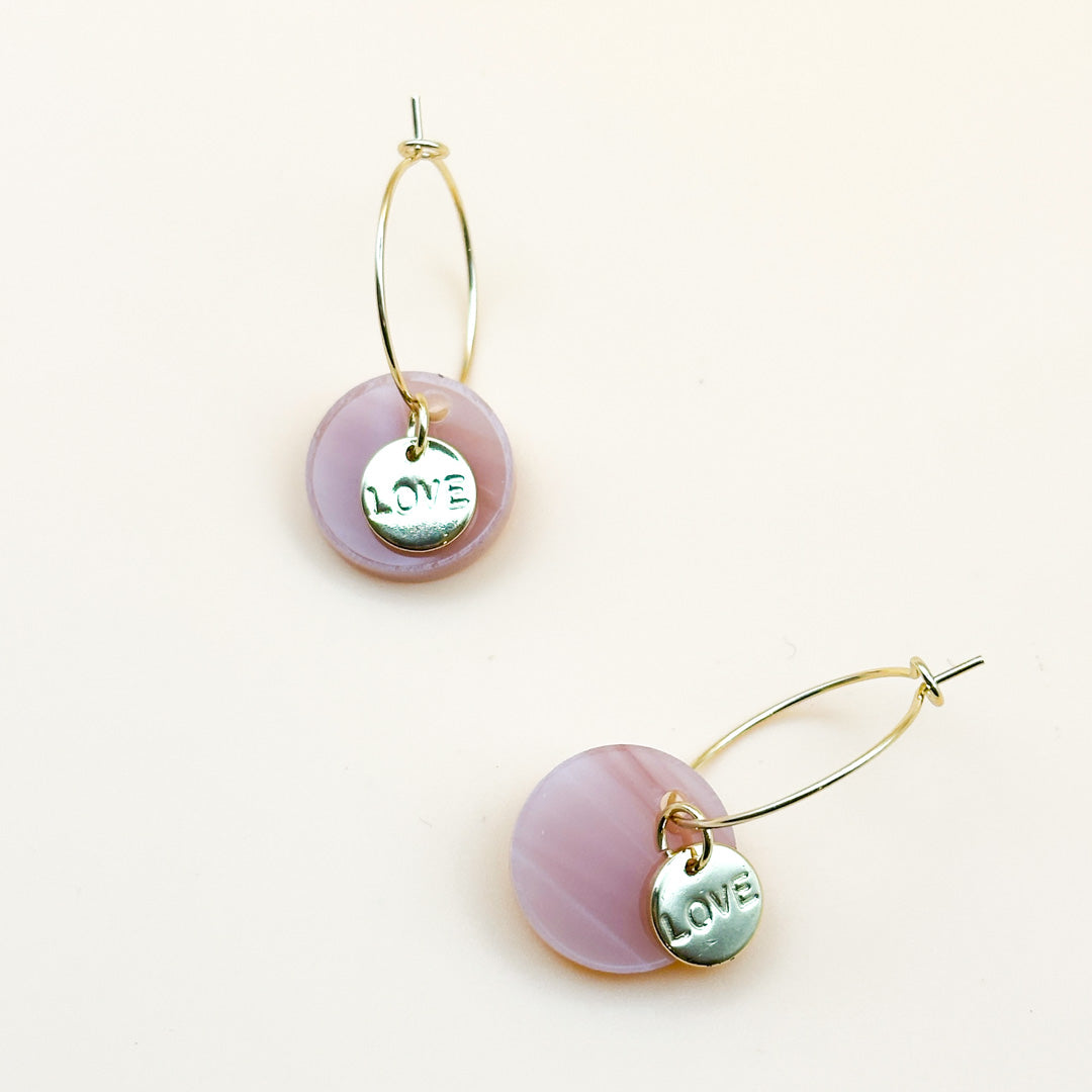 Love Charm Hoop Earrings - Marble Disk & Gold Pendants