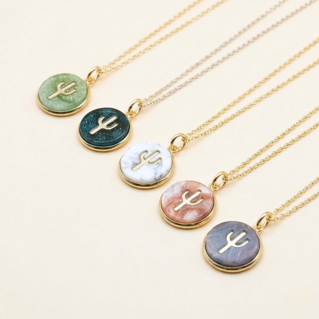 Set of necklaces with cactus pendant on a light background