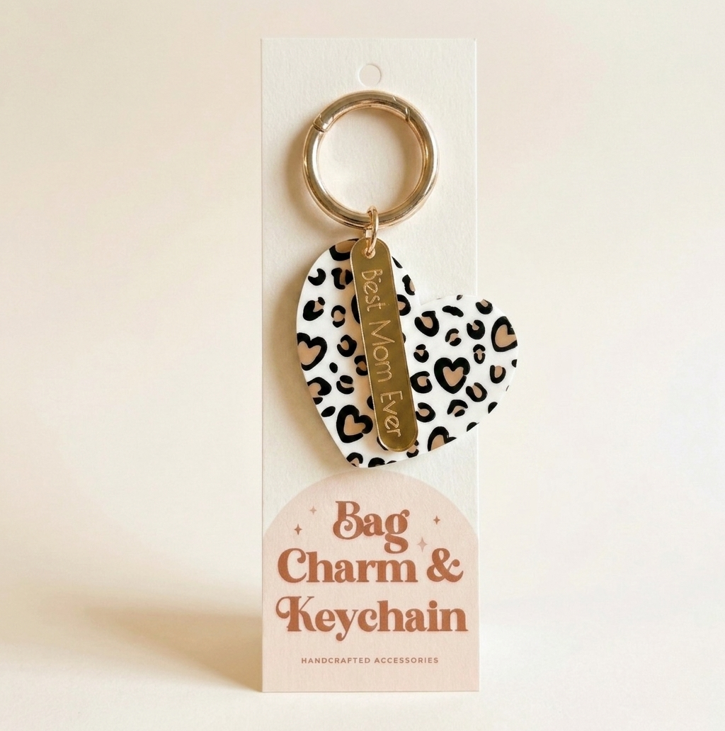 Leopard print keychain with 'Best Mom Ever' tag on a branded card