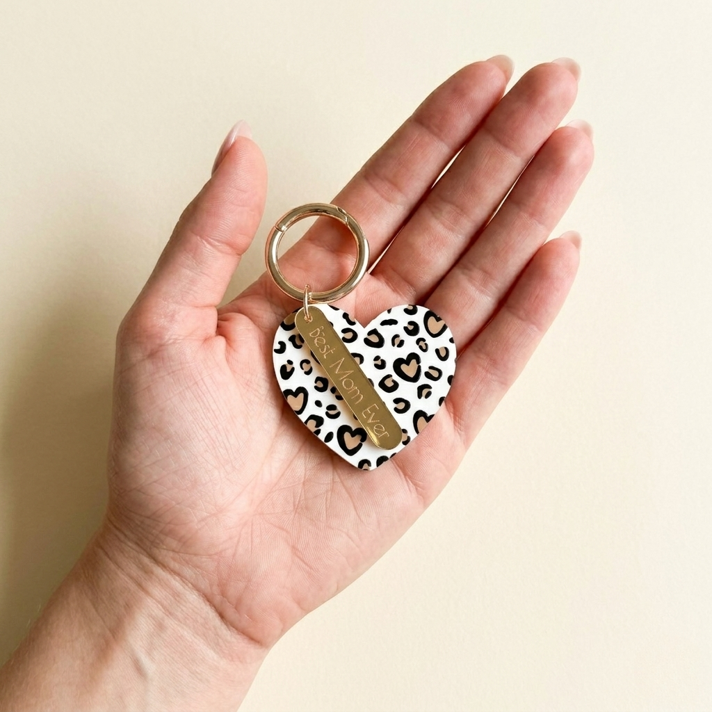 Heart-shaped keychain with leopard print design held in a hand against a beige background