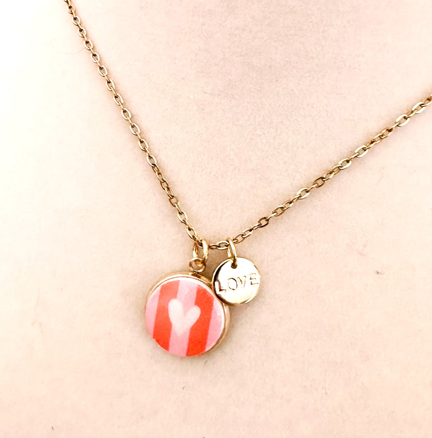 Miminoo gold chain necklace with striped heart charm and "LOVE" 